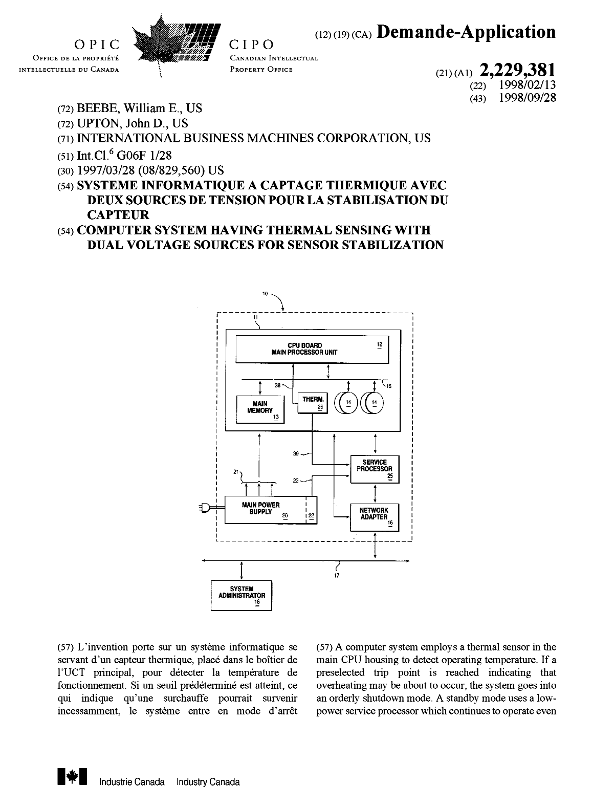 Document de brevet canadien 2229381. Page couverture 19981005. Image 1 de 2