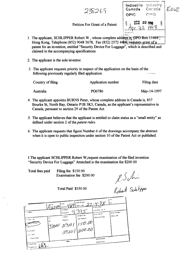 Document de brevet canadien 2229591. Cession 19980422. Image 1 de 1