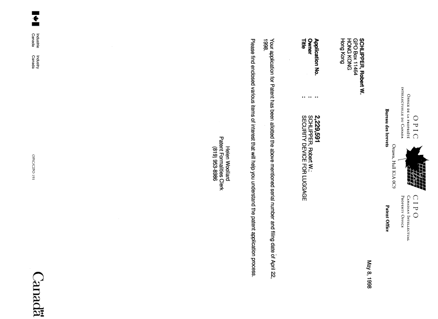 Canadian Patent Document 2229591. Correspondence 19980508. Image 1 of 1