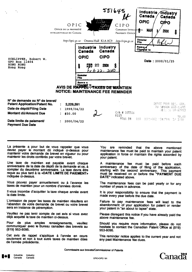 Document de brevet canadien 2229591. Taxes 20000222. Image 1 de 1