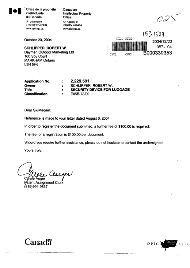 Document de brevet canadien 2229591. Cession 20041220. Image 1 de 1