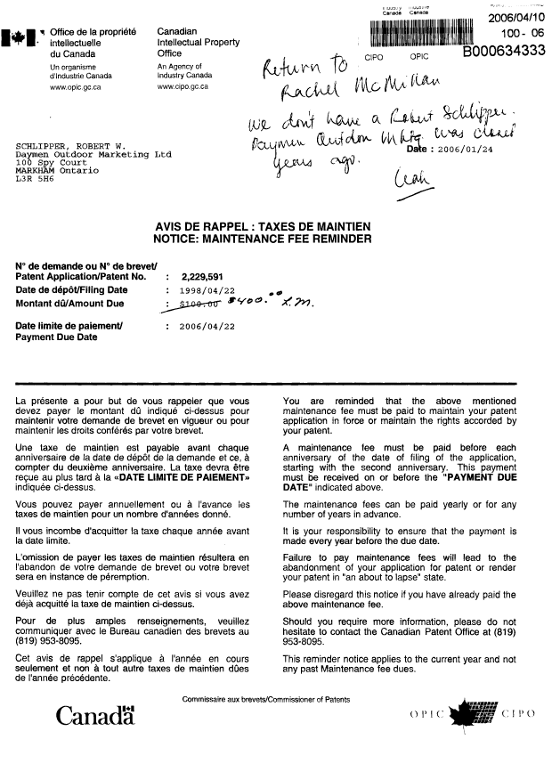 Document de brevet canadien 2229591. Correspondance 20060410. Image 1 de 2