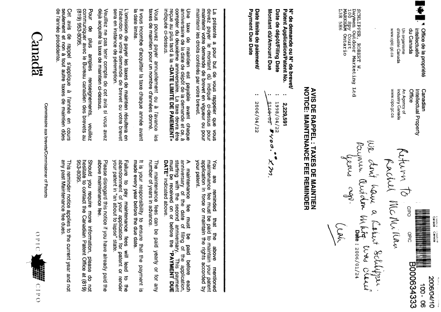 Canadian Patent Document 2229591. Correspondence 20060410. Image 1 of 2