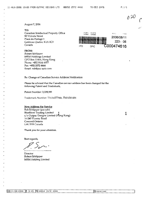 Document de brevet canadien 2229591. Correspondance 20060811. Image 1 de 1