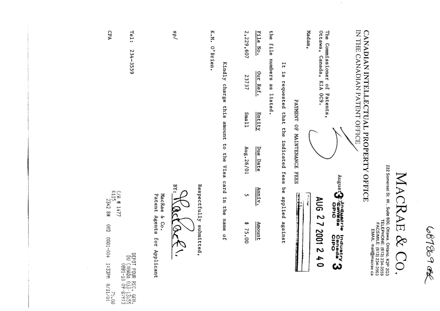 Document de brevet canadien 2229607. Taxes 20010827. Image 1 de 1