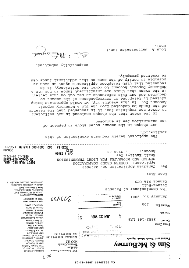 Canadian Patent Document 2229699. Prosecution-Amendment 20010125. Image 1 of 1