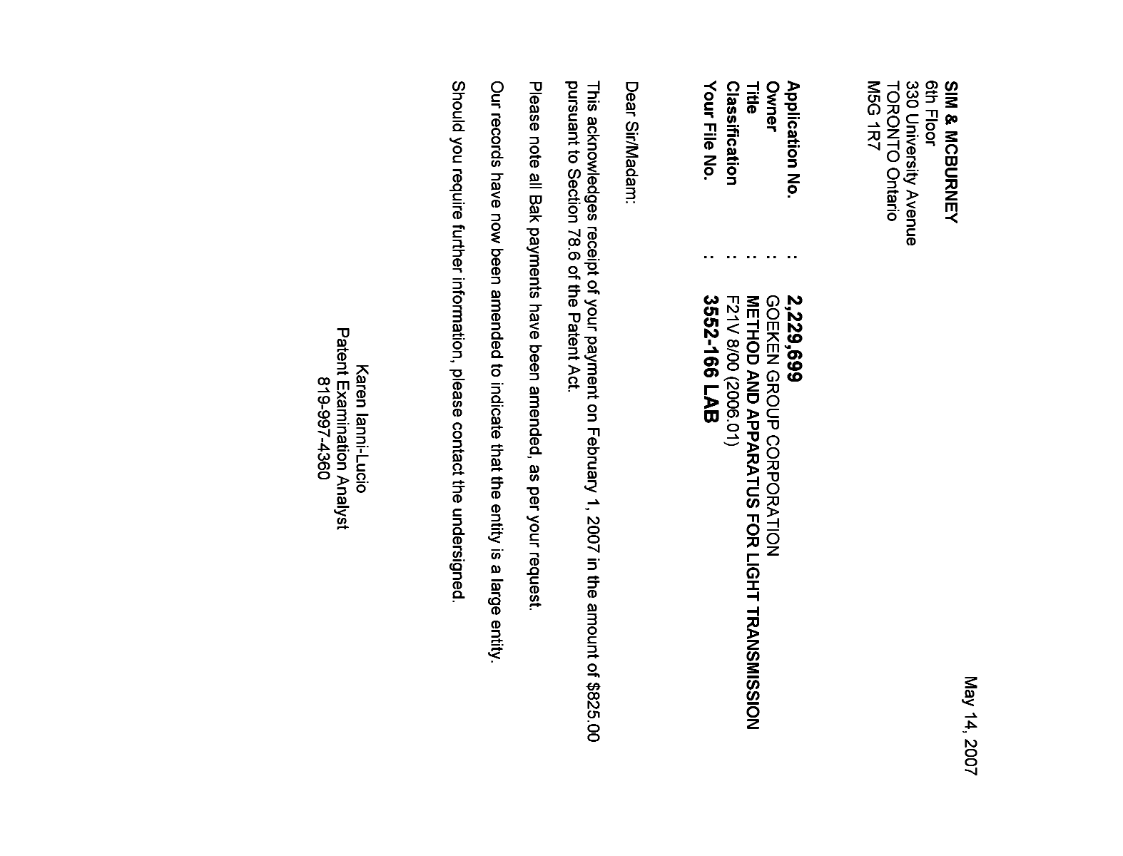 Canadian Patent Document 2229699. Correspondence 20070514. Image 1 of 1