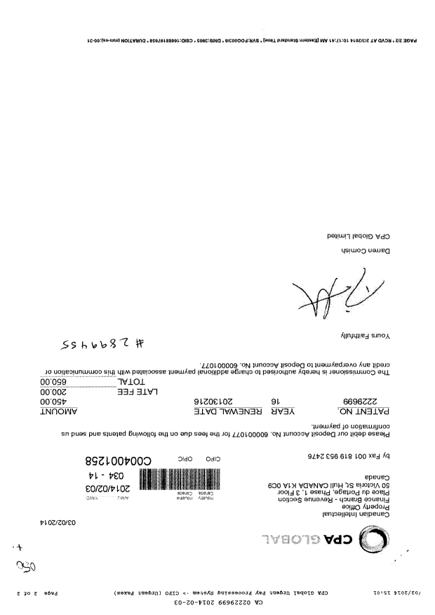 Canadian Patent Document 2229699. Fees 20140203. Image 1 of 2