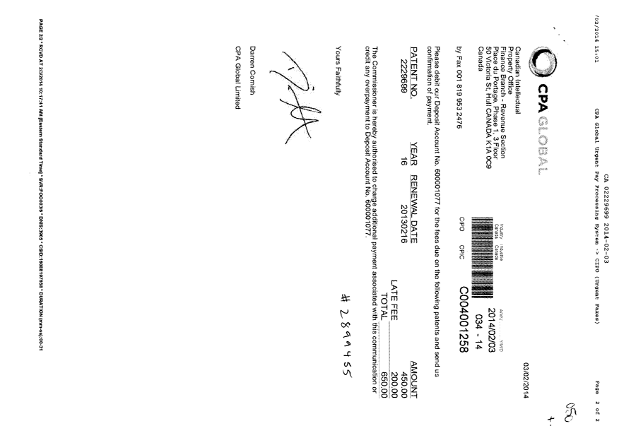 Document de brevet canadien 2229699. Taxes 20140203. Image 1 de 2