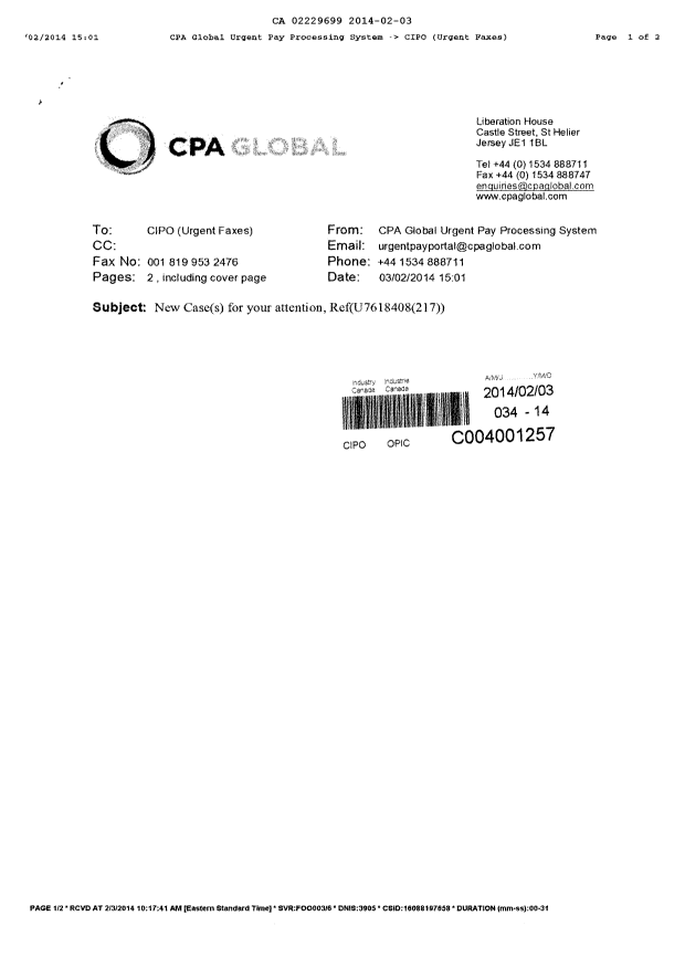 Document de brevet canadien 2229699. Taxes 20140203. Image 2 de 2