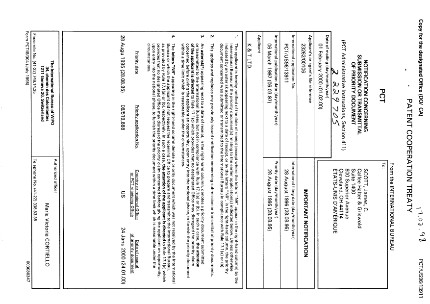 Document de brevet canadien 2229705. PCT 20000201. Image 1 de 1
