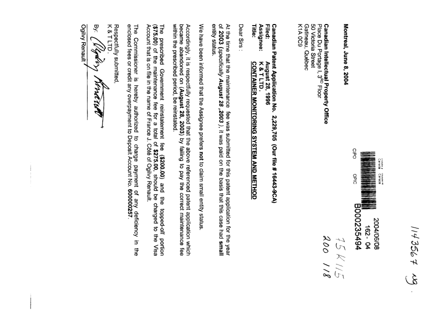 Document de brevet canadien 2229705. Taxes 20040608. Image 1 de 1