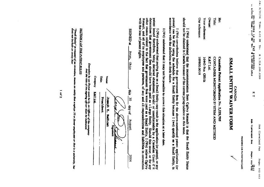 Canadian Patent Document 2229705. Correspondence 20040913. Image 2 of 3