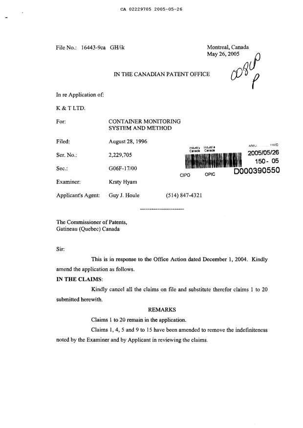 Canadian Patent Document 2229705. Prosecution-Amendment 20050526. Image 1 of 6