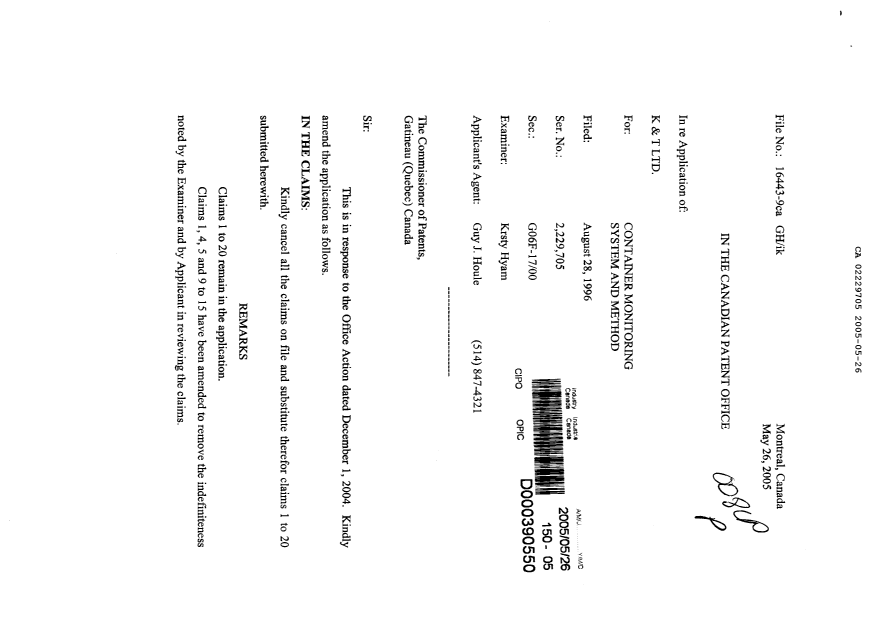 Document de brevet canadien 2229705. Poursuite-Amendment 20050526. Image 1 de 6