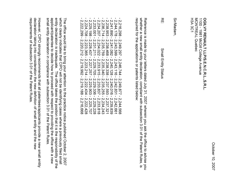 Document de brevet canadien 2229705. Correspondance 20071011. Image 1 de 2