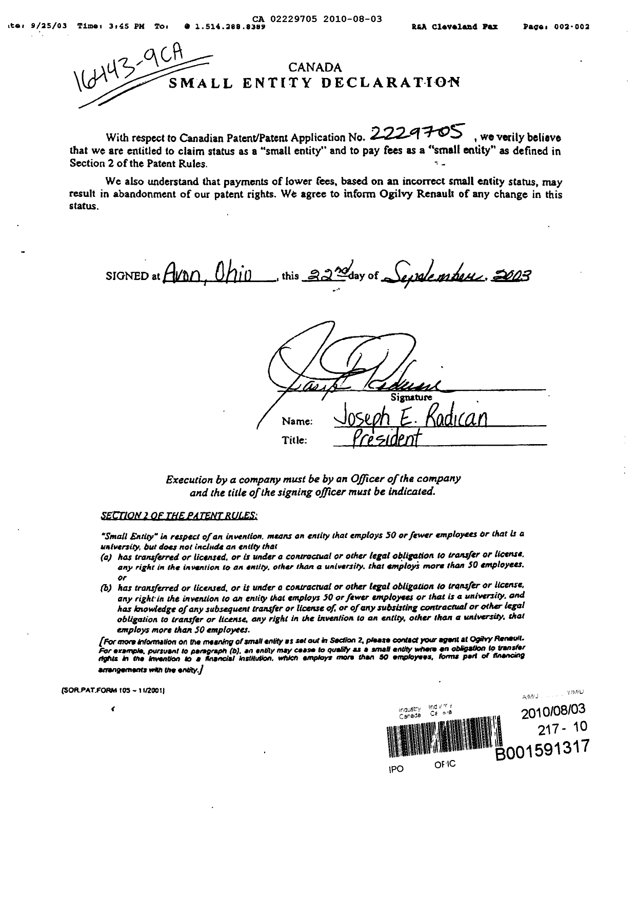 Document de brevet canadien 2229705. Correspondance 20100803. Image 1 de 1