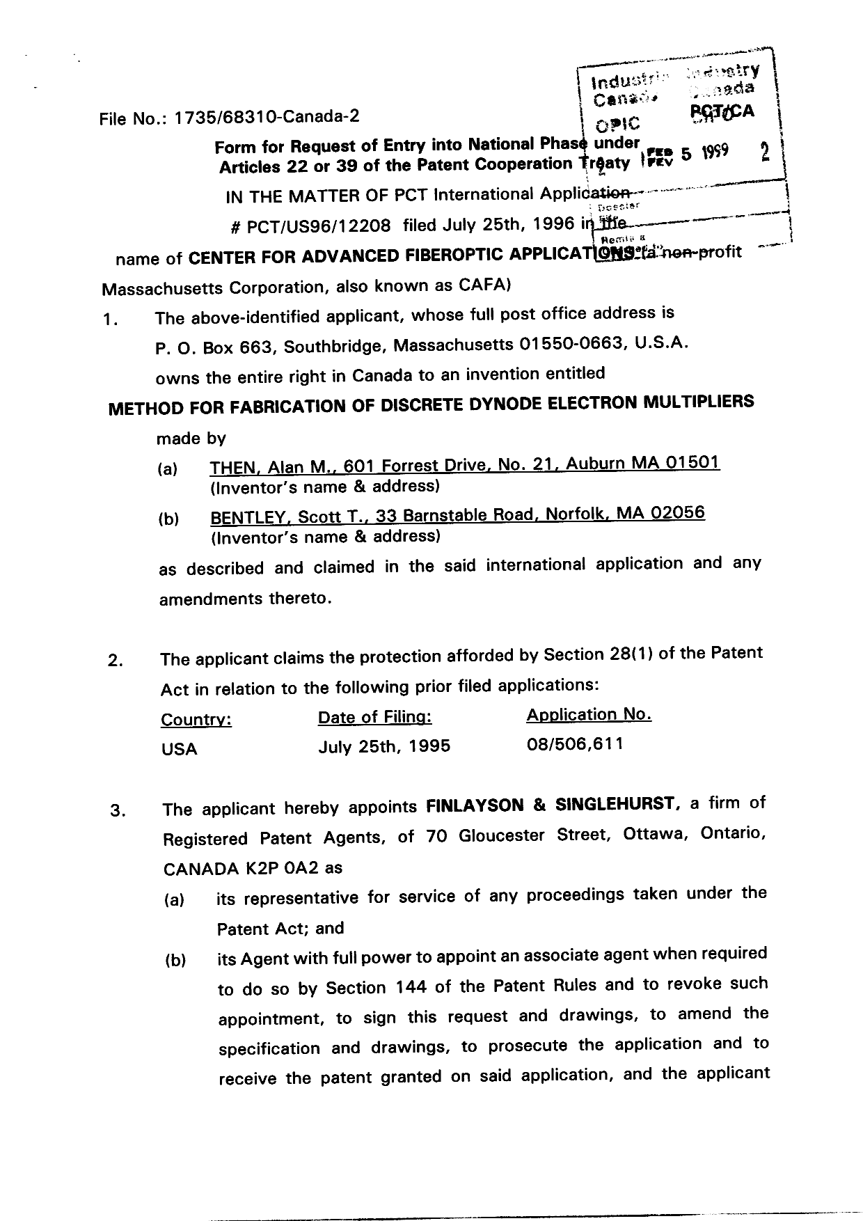 Canadian Patent Document 2229731. Correspondence 19990205. Image 2 of 3