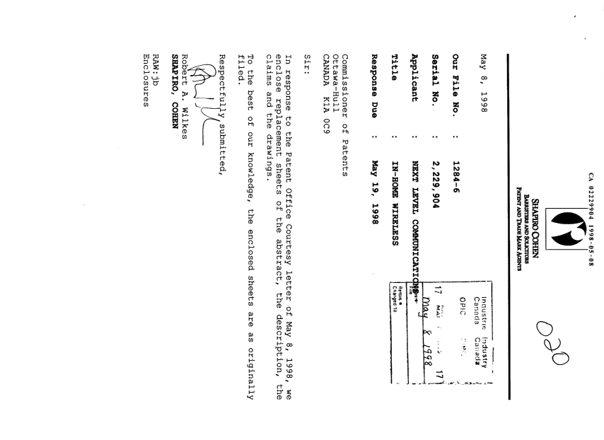 Canadian Patent Document 2229904. Correspondence 19980508. Image 1 of 24
