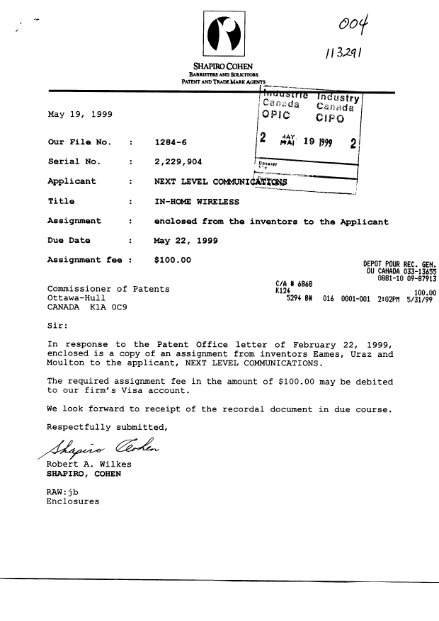 Document de brevet canadien 2229904. Cession 19990519. Image 1 de 2