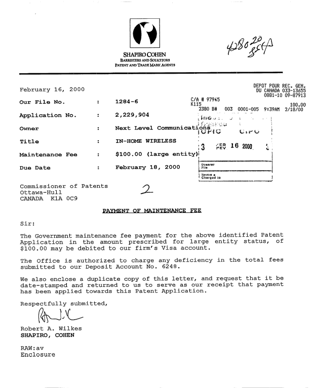 Canadian Patent Document 2229904. Fees 20000216. Image 1 of 1