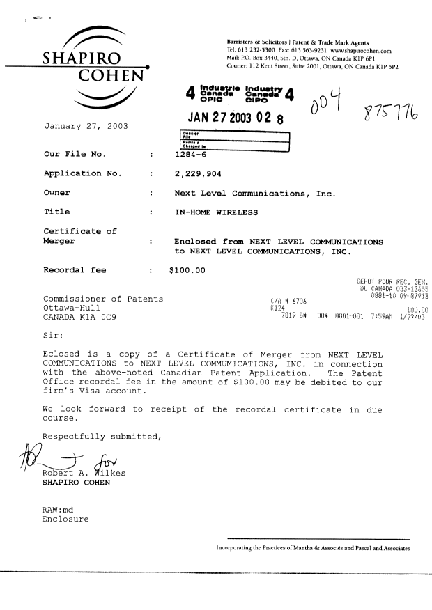 Document de brevet canadien 2229904. Cession 20030127. Image 1 de 5