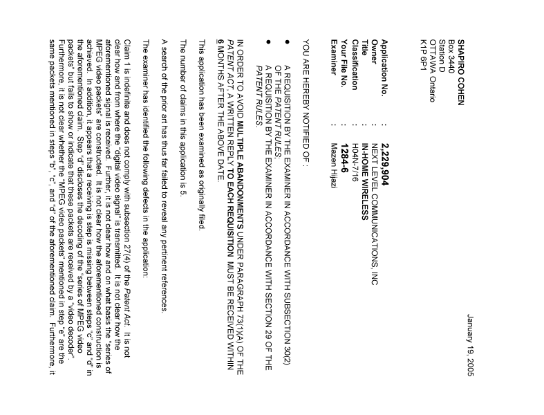 Canadian Patent Document 2229904. Prosecution-Amendment 20050119. Image 1 of 2