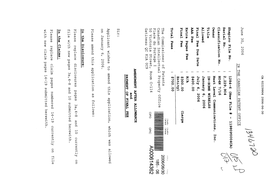 Canadian Patent Document 2229904. Prosecution-Amendment 20060630. Image 1 of 15