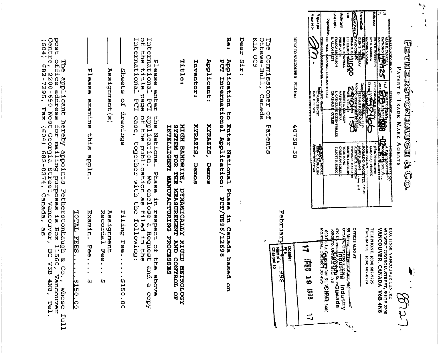 Canadian Patent Document 2229935. Assignment 19980219. Image 1 of 4