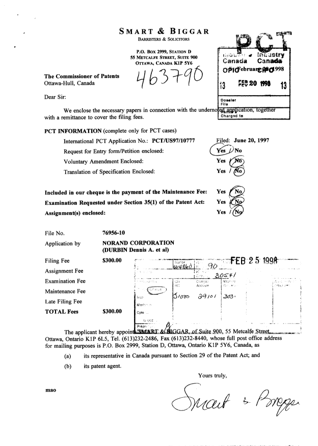 Document de brevet canadien 2230076. Cession 19980220. Image 1 de 2