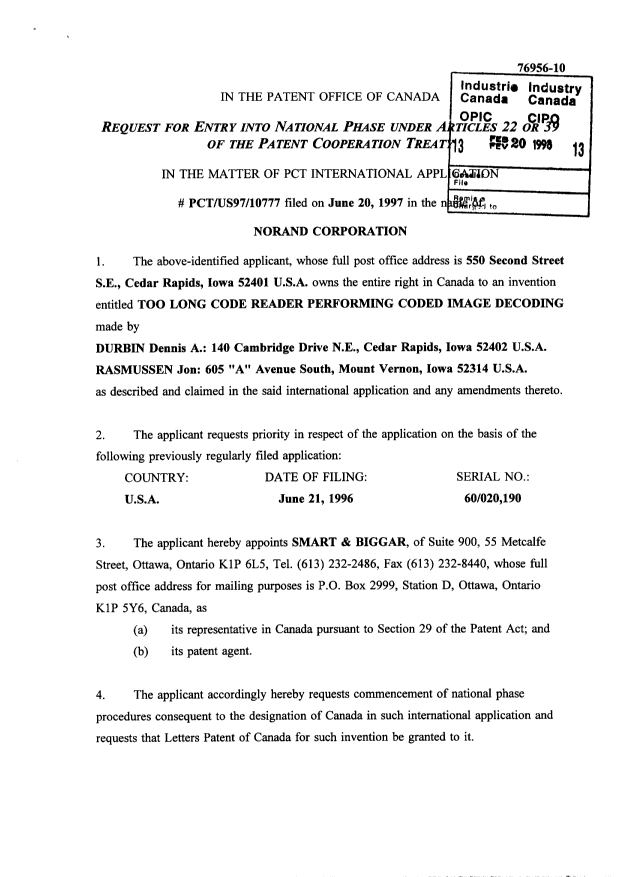 Document de brevet canadien 2230076. Cession 19980220. Image 2 de 2
