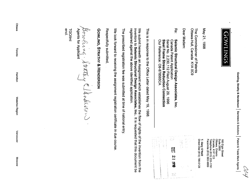 Document de brevet canadien 2230112. Cession 19980521. Image 1 de 3