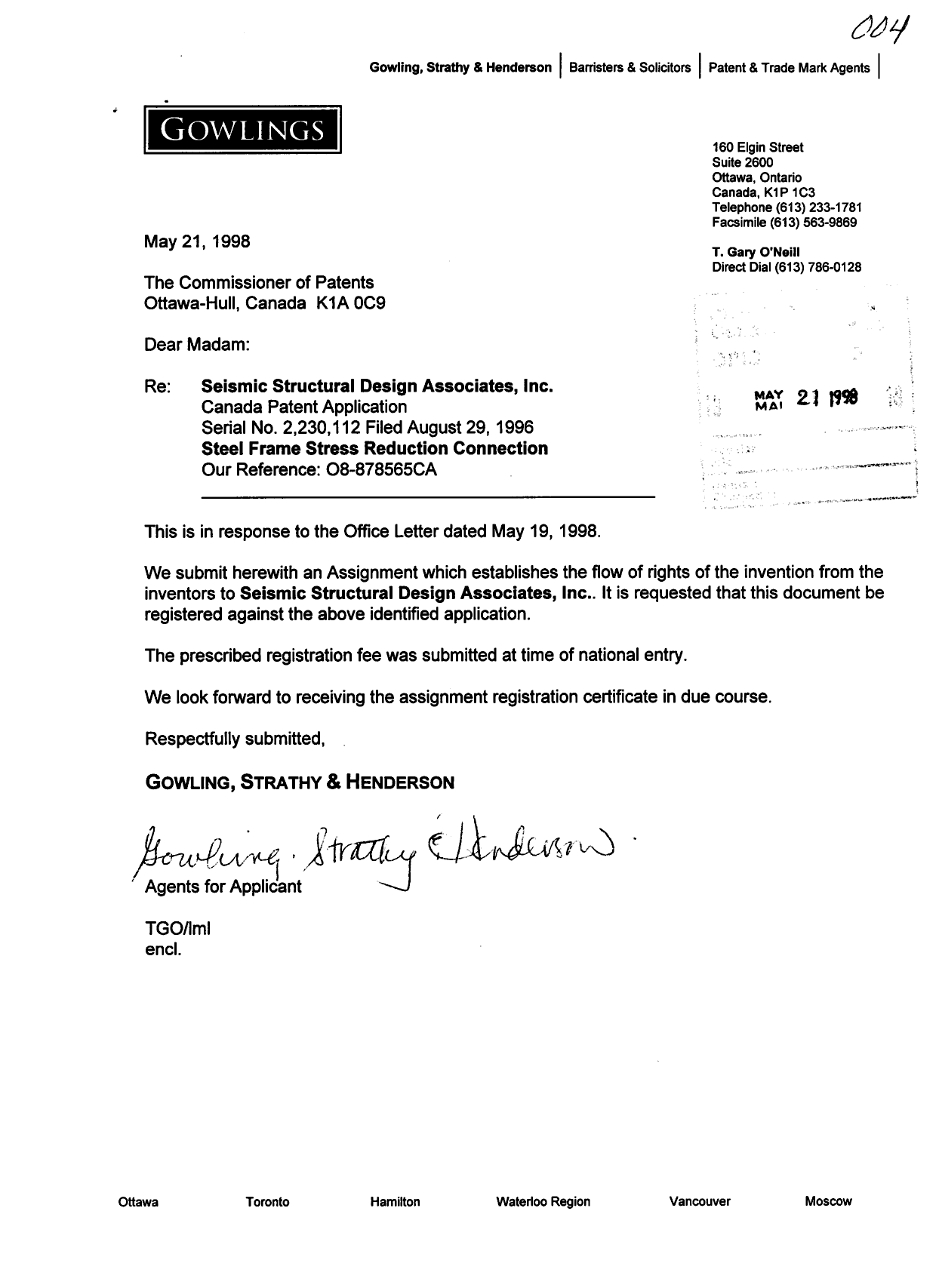 Document de brevet canadien 2230112. Cession 19980521. Image 1 de 3