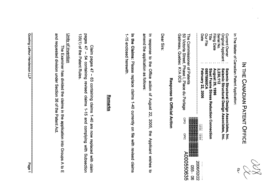 Document de brevet canadien 2230112. Poursuite-Amendment 20060222. Image 1 de 11