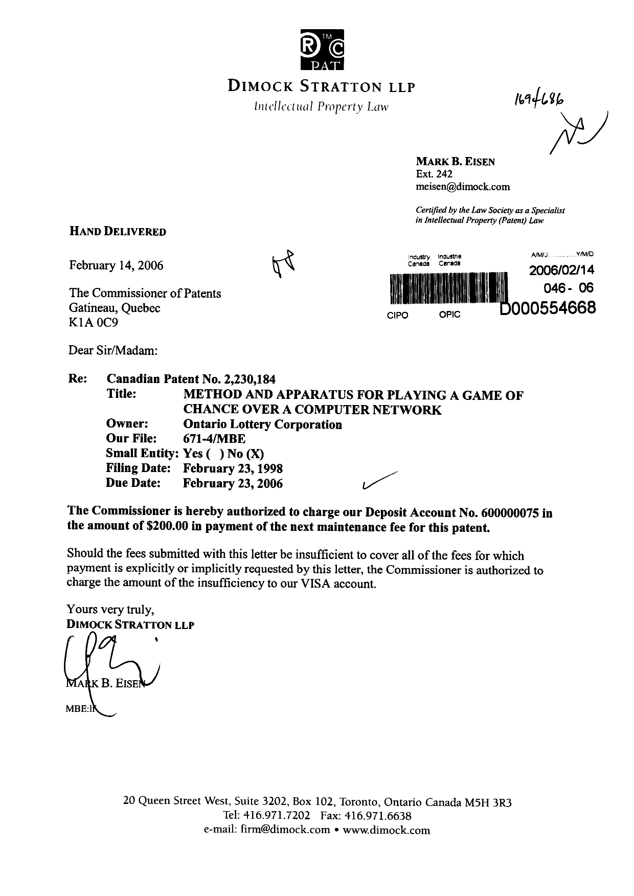 Document de brevet canadien 2230184. Taxes 20060214. Image 1 de 1