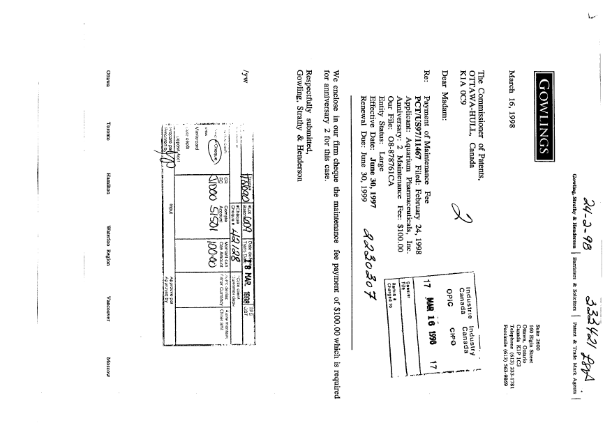 Document de brevet canadien 2230307. Taxes 19980316. Image 1 de 4