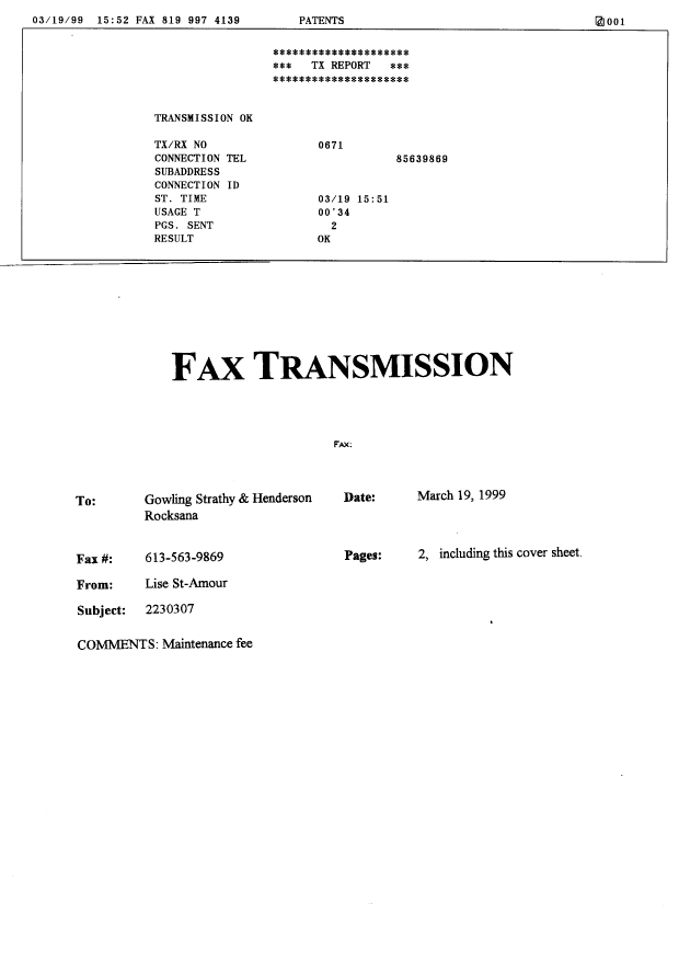 Canadian Patent Document 2230307. Fees 19980316. Image 4 of 4