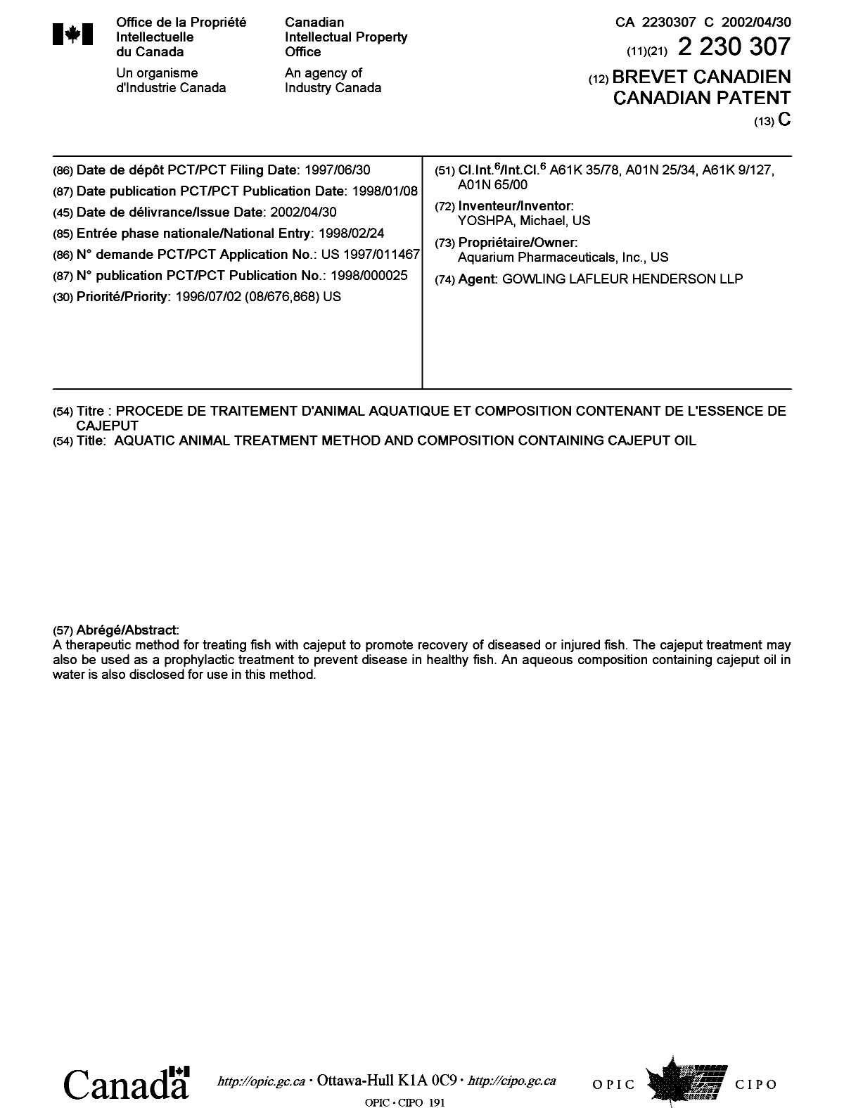 Document de brevet canadien 2230307. Page couverture 20020326. Image 1 de 1