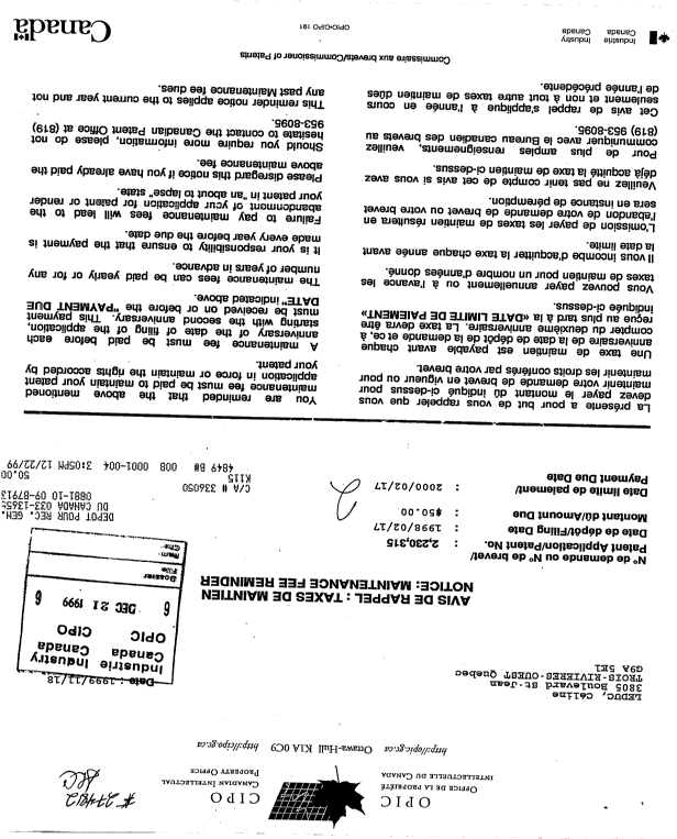 Canadian Patent Document 2230315. Fees 19991221. Image 1 of 1