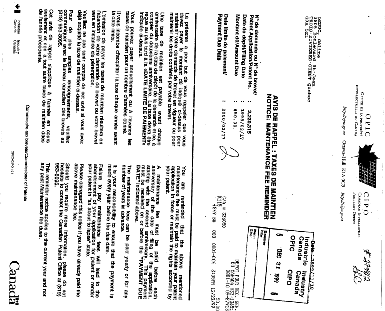 Document de brevet canadien 2230315. Taxes 19991221. Image 1 de 1