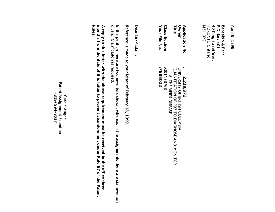 Canadian Patent Document 2230372. Correspondence 19990409. Image 1 of 1
