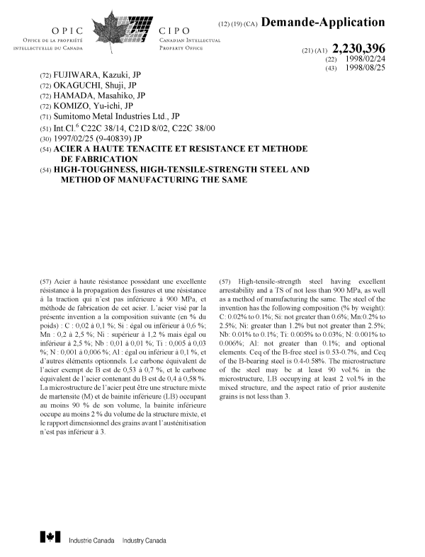 Document de brevet canadien 2230396. Page couverture 19980908. Image 1 de 1