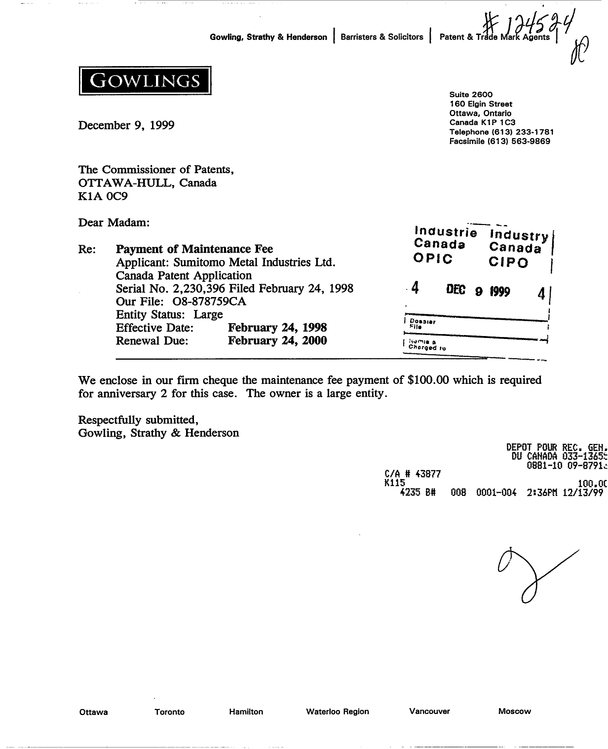 Canadian Patent Document 2230396. Fees 19991209. Image 1 of 1