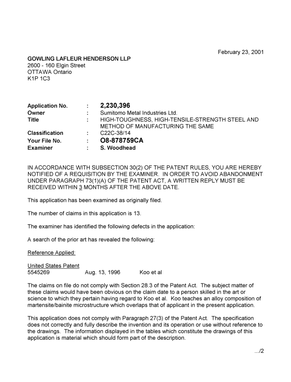 Canadian Patent Document 2230396. Prosecution-Amendment 20010223. Image 1 of 2