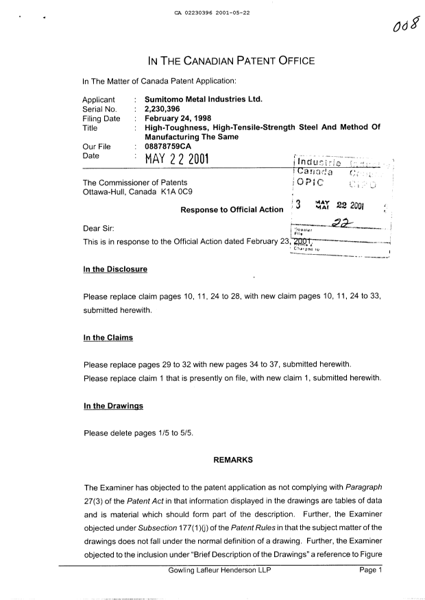Canadian Patent Document 2230396. Prosecution-Amendment 20010522. Image 1 of 20