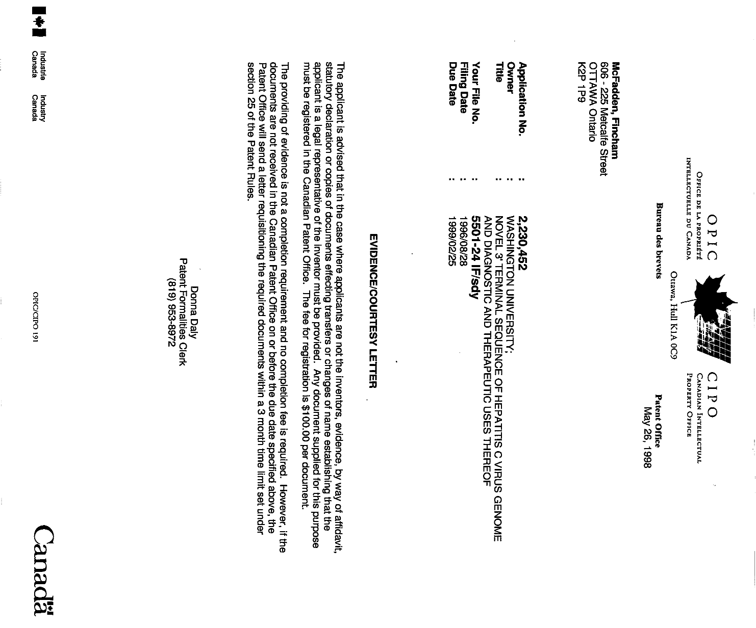 Canadian Patent Document 2230452. Correspondence 19980526. Image 1 of 1