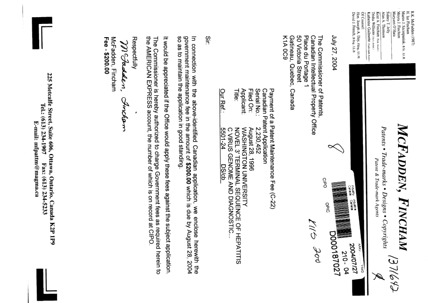 Document de brevet canadien 2230452. Taxes 20040727. Image 1 de 1
