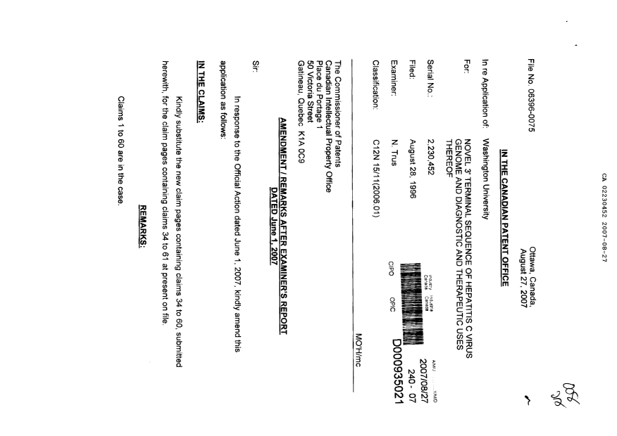 Document de brevet canadien 2230452. Poursuite-Amendment 20070827. Image 1 de 6