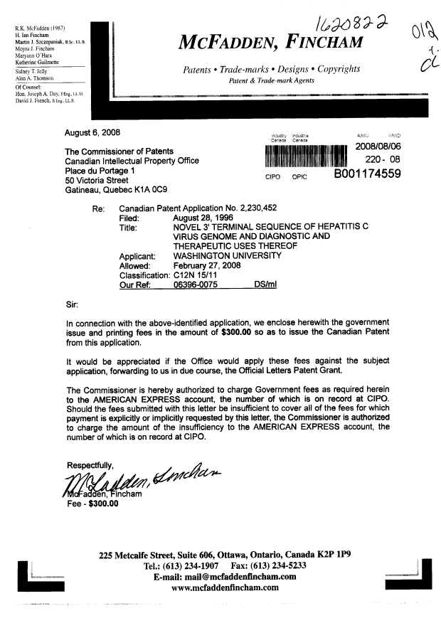 Document de brevet canadien 2230452. Correspondance 20080806. Image 1 de 1