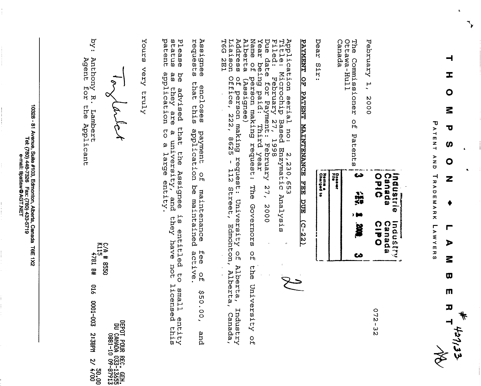 Canadian Patent Document 2230653. Fees 20000201. Image 1 of 1